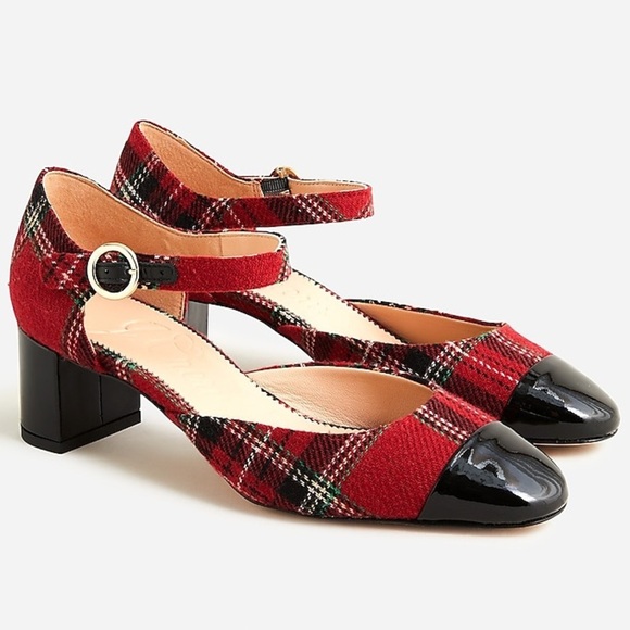 J Crew Millie ankle-strap block heels in Good Tidings plaid patent leather NWOT - Picture 1 of 10